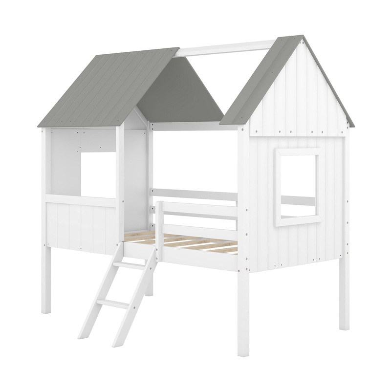 Twin Size Low Loft House Bed With Two Side Windows – White / Gray