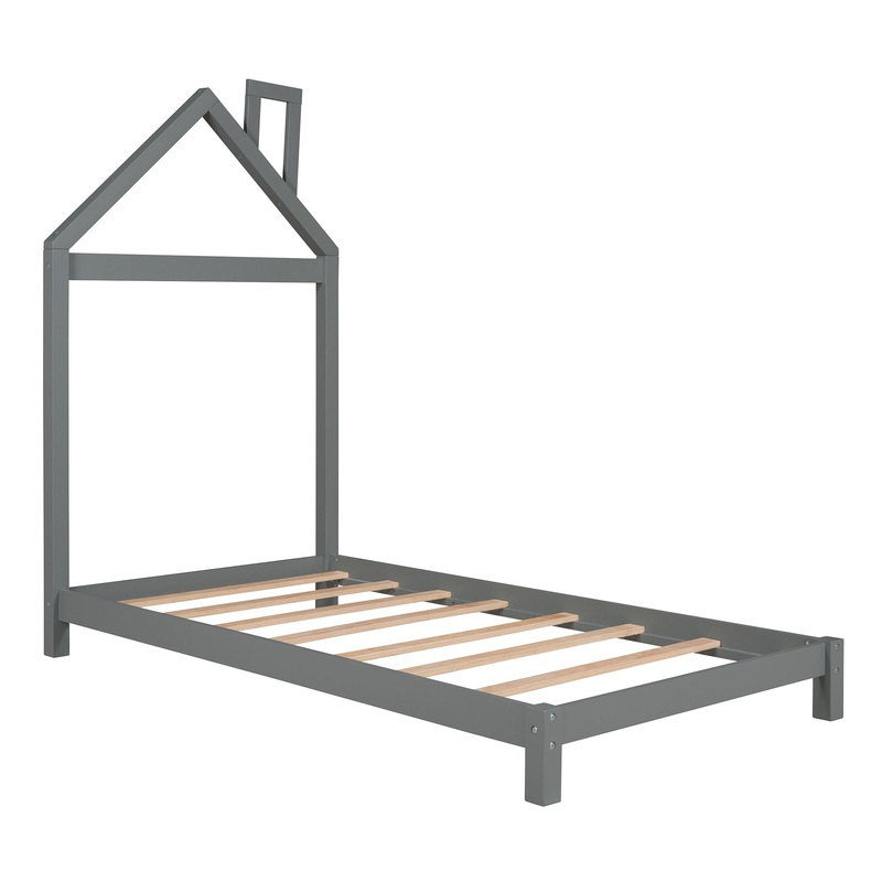 Twin Size Platform Bed With House Shaped Headboard – Gray