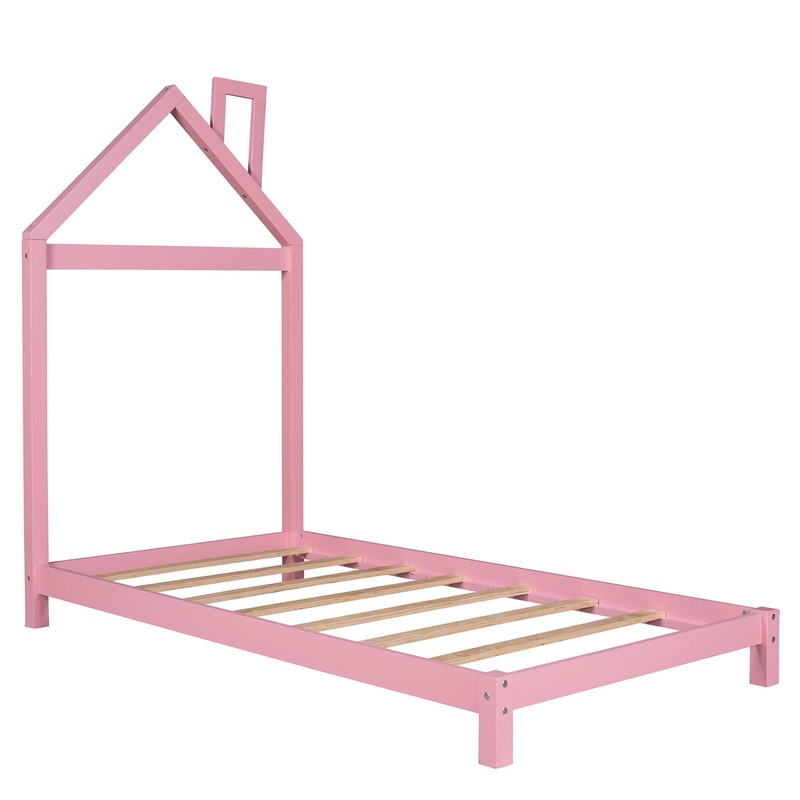 Twin Size Platform Bed With House Shaped Headboard – Pink