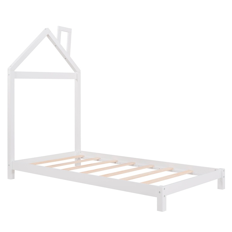 Twin Size Platform Bed With House Shaped Headboard – White