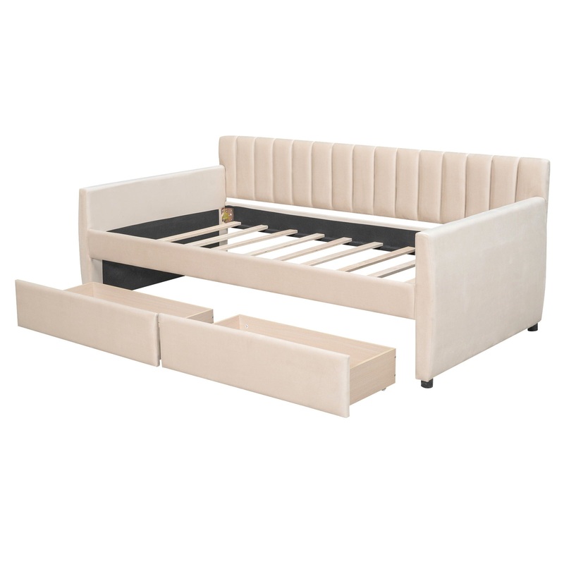 Twin Size Upholstered Daybed & Drawers, Slat Support – Beige