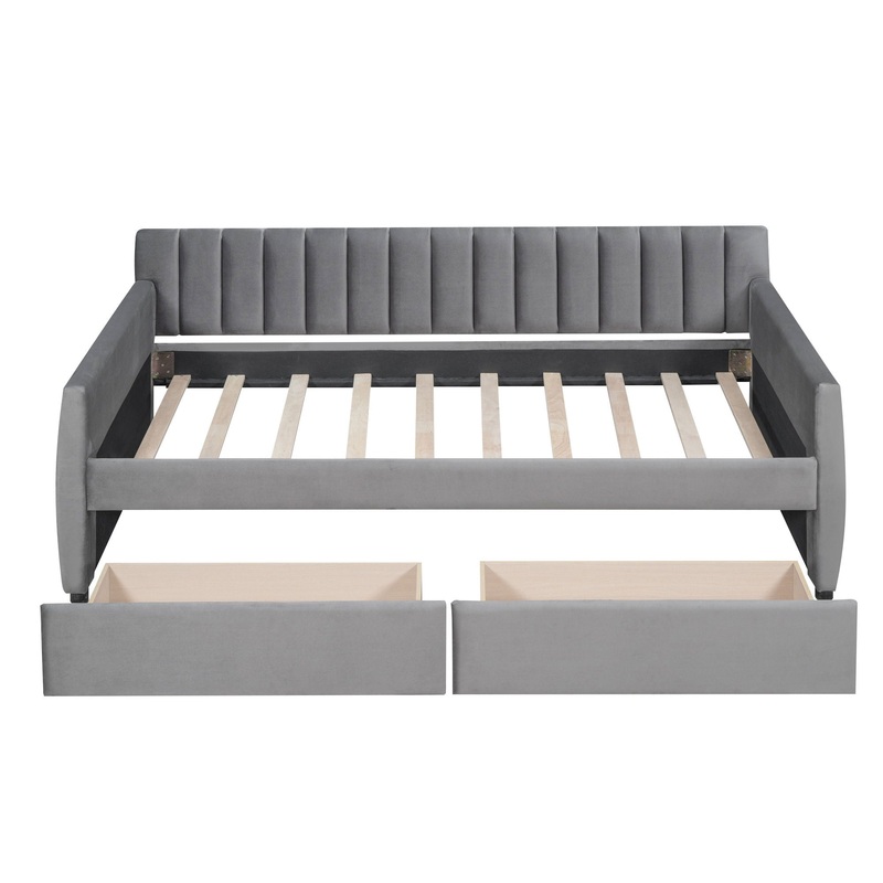 Twin Size Upholstered Daybed & Drawers, Slat Support – Gray