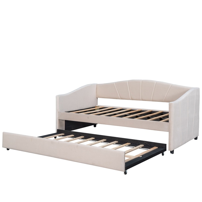 Twin Size Upholstered Daybed Sofa Bed With Trundle And Slat – Beige