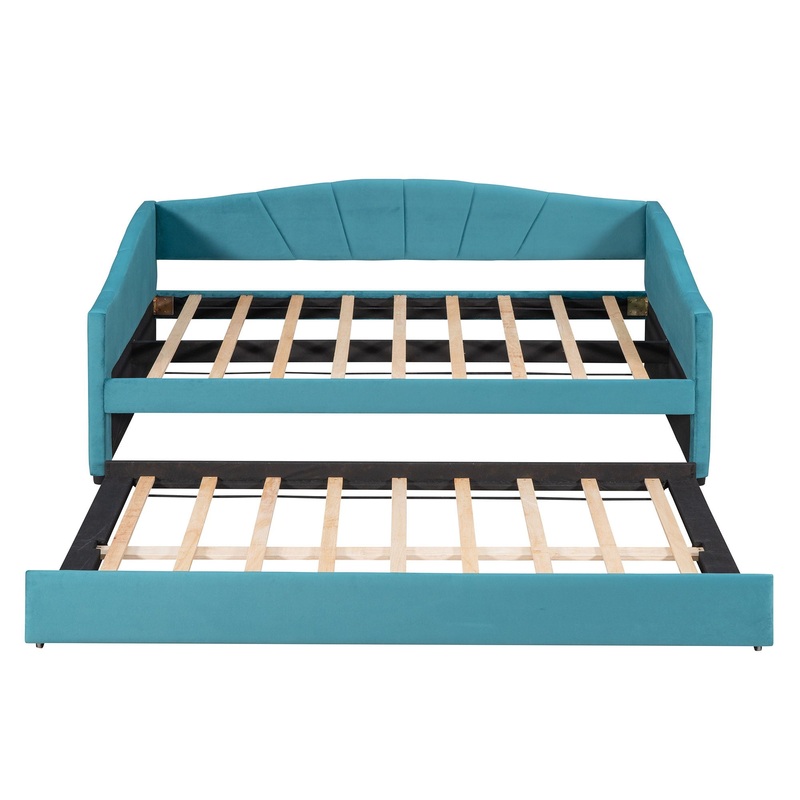 Twin Size Upholstered Daybed Sofa Bed With Trundle And Slat – Blue
