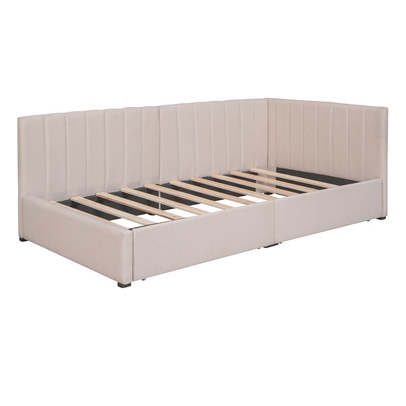 Twin Size Upholstered Daybed With 2 Storage Drawers, Sofa Bed Frame No Box Spring Needed – Beige