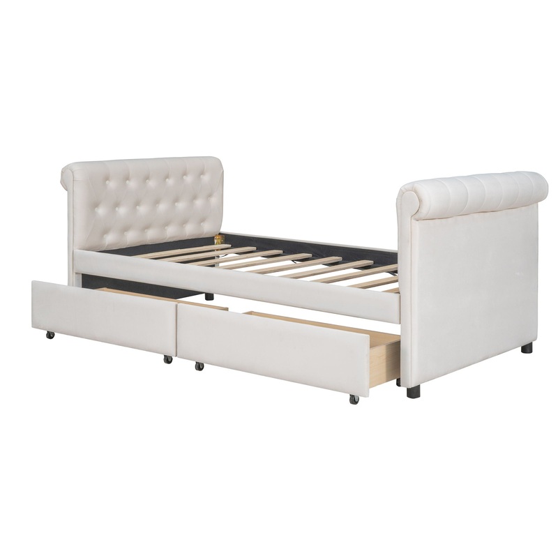 Twin Size Upholstered Daybed With Drawers, Slat Support – Beige