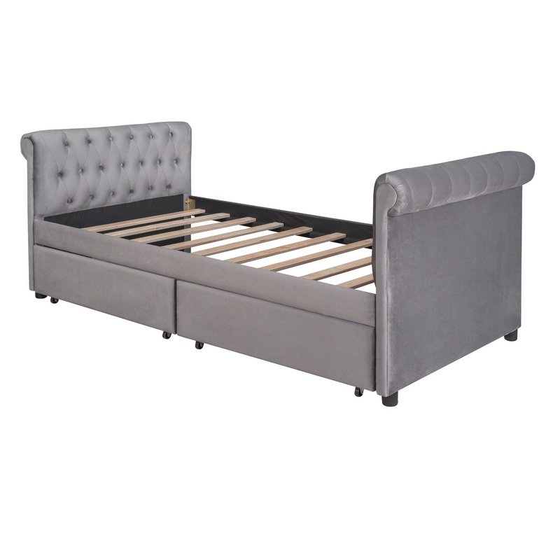 Twin Size Upholstered Daybed With Drawers, Slat Support – Gray
