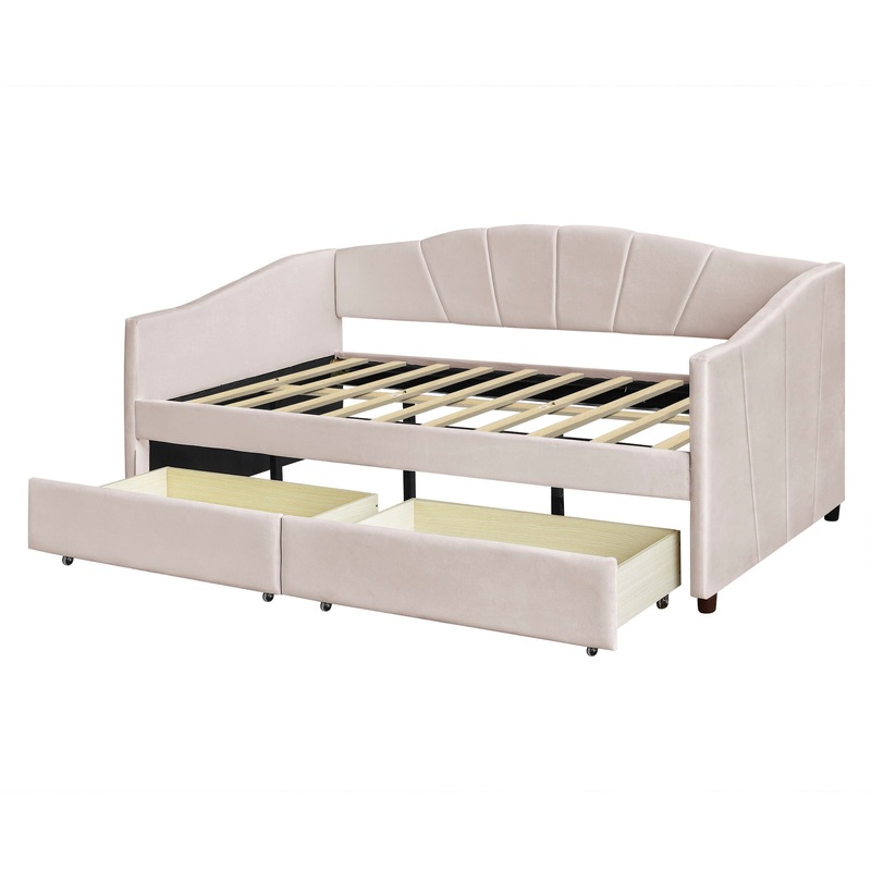 Twin Size Upholstered Daybed With Two Drawers And Slat – Beige