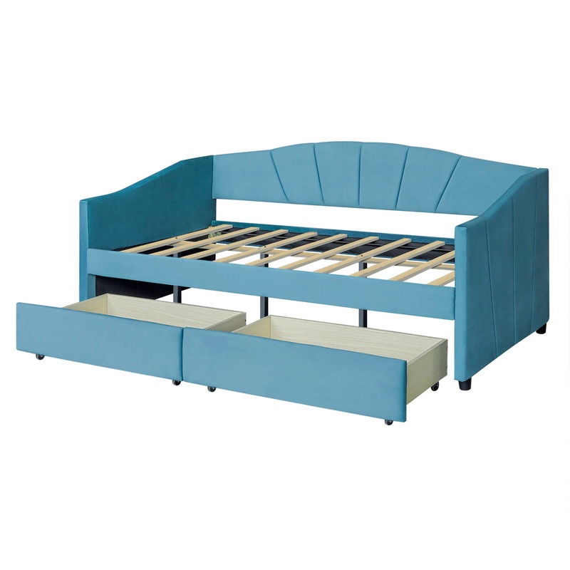 Twin Size Upholstered Daybed With Two Drawers And Slat – Blue