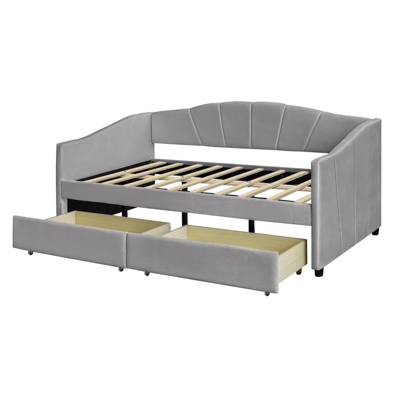 Twin Size Upholstered Daybed With Two Drawers And Slat – Gray