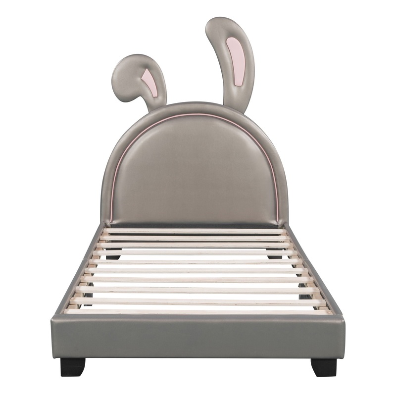 Twin Size Upholstered Leather Platform Bed With Rabbit Ornament – Gray