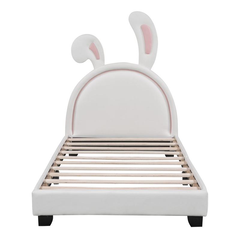 Twin Size Upholstered Leather Platform Bed With Rabbit Ornament – White