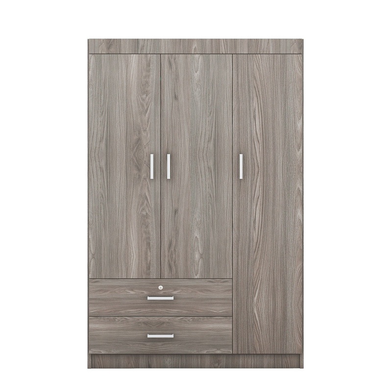 3 Door Wardrobe With 2 Drawers, Grain Effect – Gray