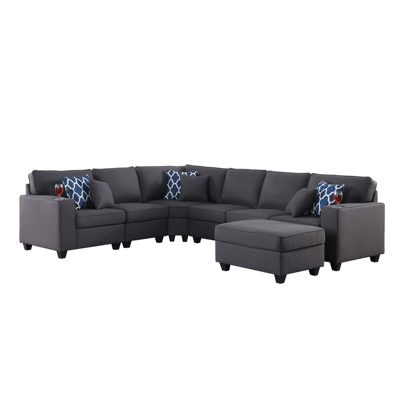 Cooper – 7 Piece Reversible L-Shape Sectional Sofa & Comfort Ottoman, And Cupholder – Dark Gray