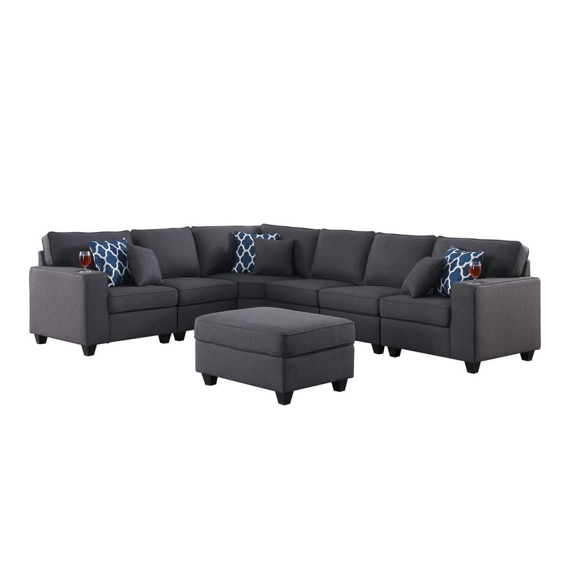 Cooper – 7 Piece Reversible L-Shape Sectional Sofa With Ottoman And Cupholder – Dark Gray