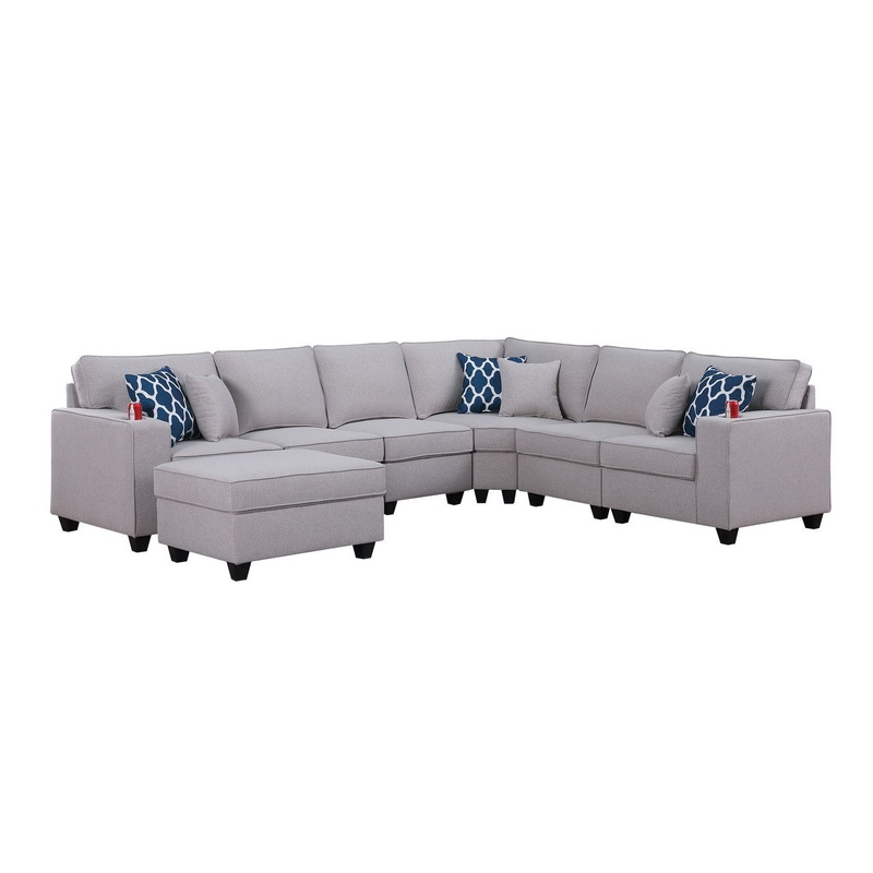 Cooper – 7 Piece Reversible L-Shape Sectional Sofa With Ottoman And Cupholder – Light Gray