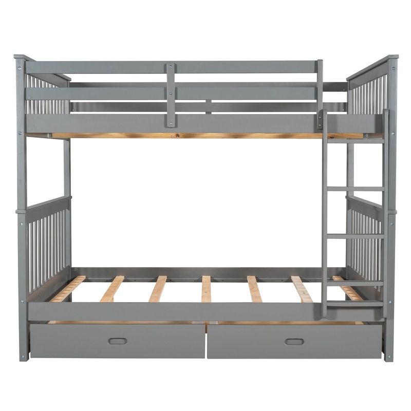 Full Over Full Bunk Bed With Ladders And 2 Storage Drawers – Gray