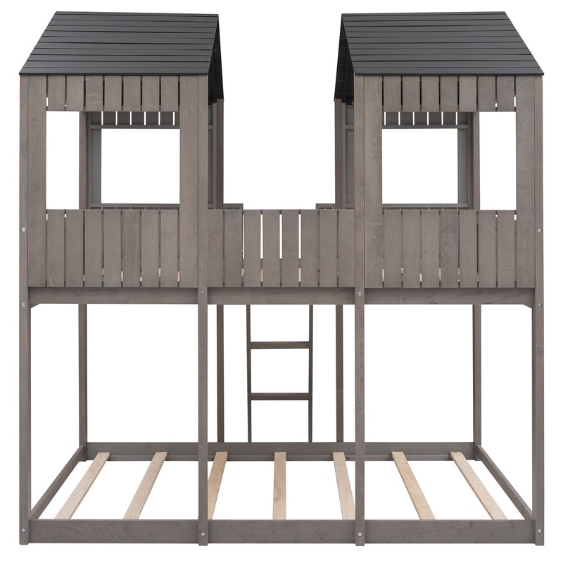 Full Over Full Bunk Bed With Roof, Window, Guardrail, Ladder – Antique Gray