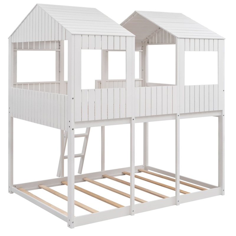 Full Over Full Bunk Bed With Roof, Window, Guardrail, Ladder – White