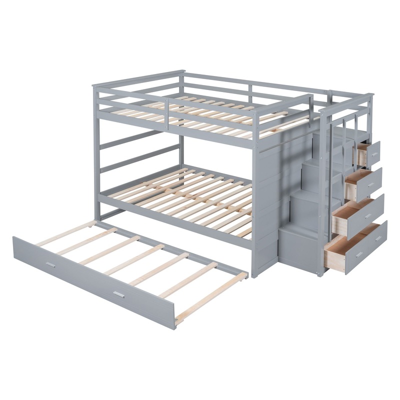 Full Over Full Bunk Bed With Twin Size Trundle And Staircase – Gray