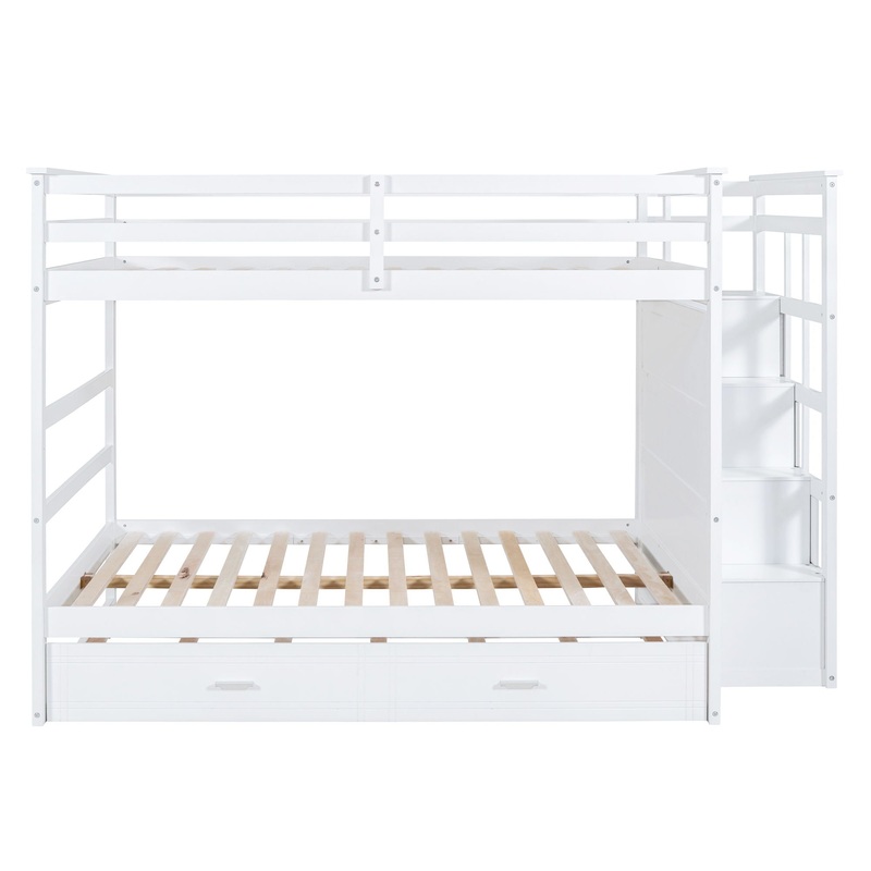 Full Over Full Bunk Bed With Twin Size Trundle And Staircase – White