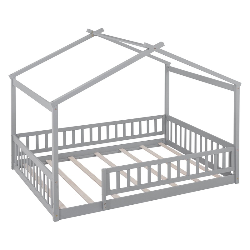 Full Size Bed House Bed Frame With Fence – Gray