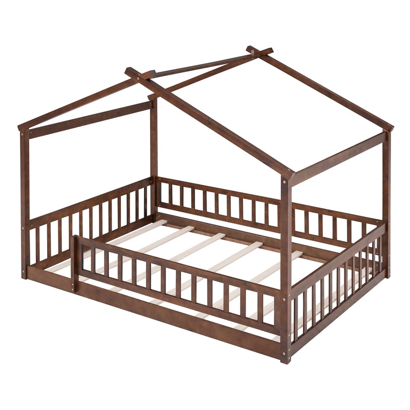 Full Size Bed House Bed Frame With Fence – Walnut
