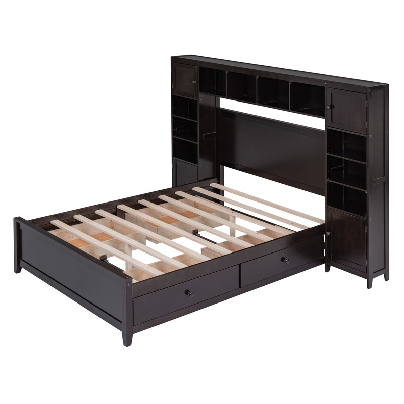 Full Size Bed With All In One Cabinet And Shelf – Espresso
