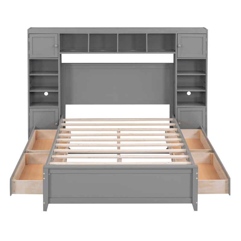 Full Size Bed With All In One Cabinet And Shelf – Gray