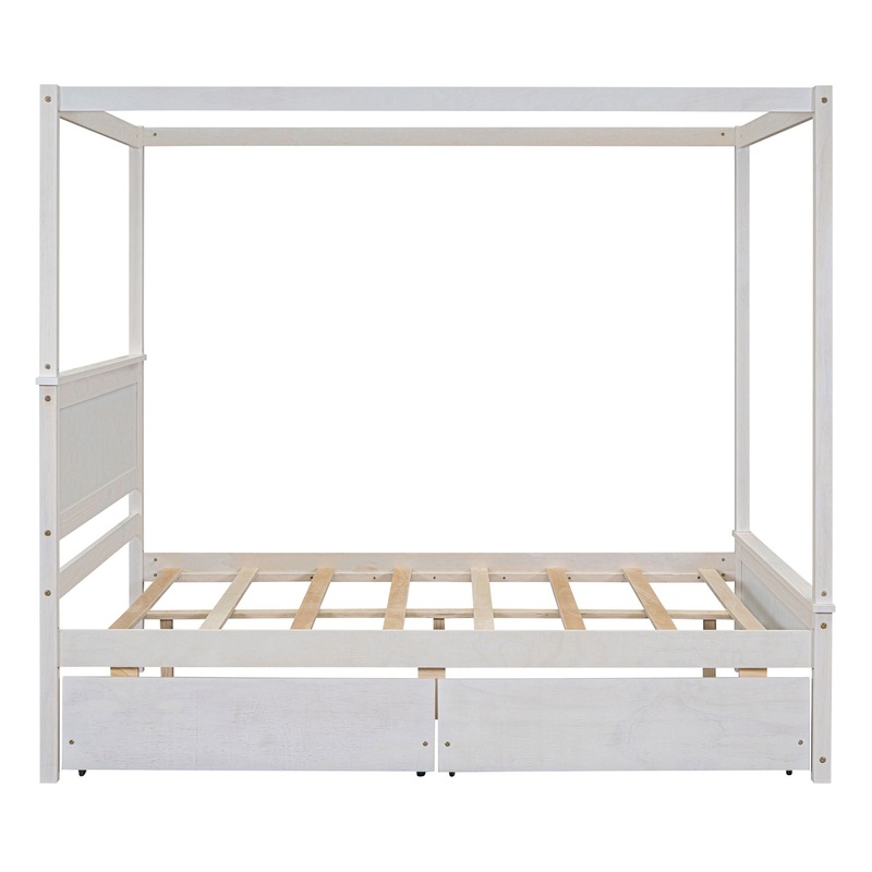 Full Size Canopy Platform Bed 2 Drawers With Support Slats, No Box Spring Needed – Brushed White