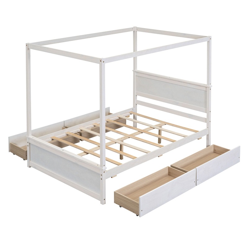 Full Size Canopy Platform Bed With 4 Drawers And Support Slats, No Box Spring Needed – Brushed White