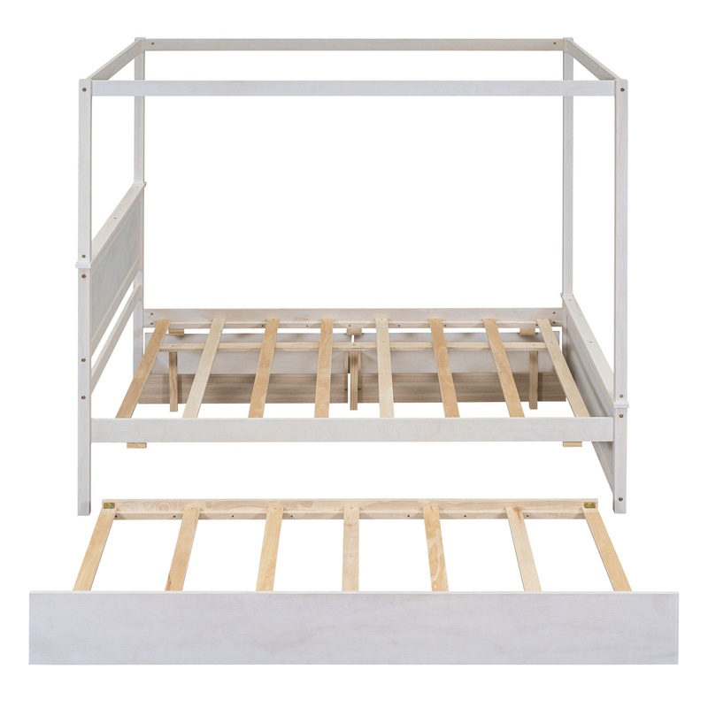 Full Size Canopy Platform Bed With Trundle Bed And 2 Drawers, Support Slats, No Box Spring Needed – Brushed White