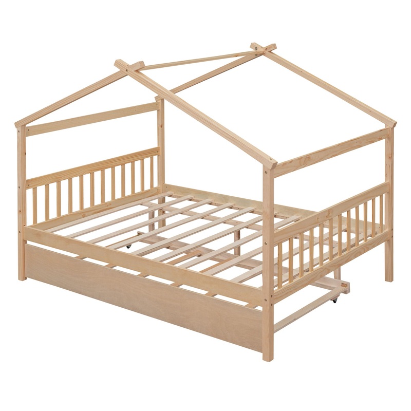 Full Size Classic House Bed With Twin Size Trundle – Natural