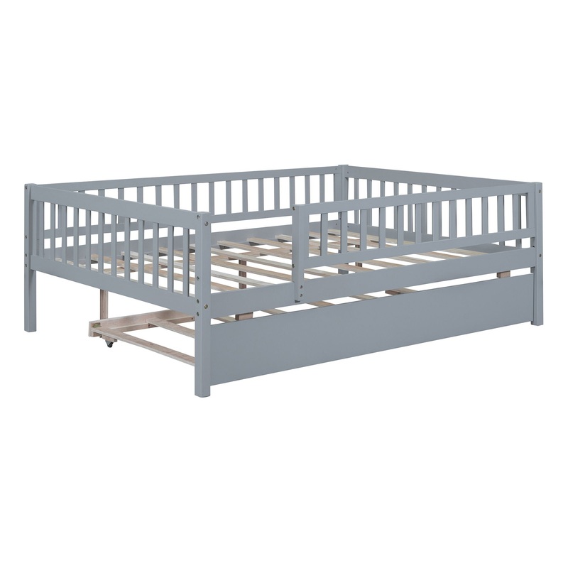 Full Size Daybed With Trundle And Fence Guardrails – Gray
