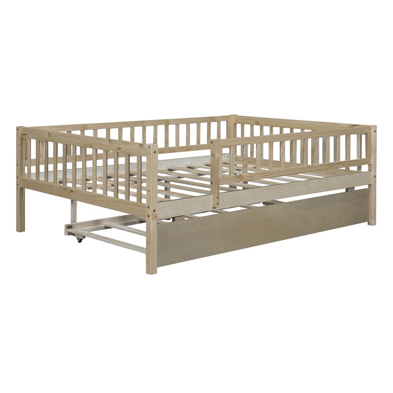 Full Size Daybed With Trundle And Fence Guardrails – Natural