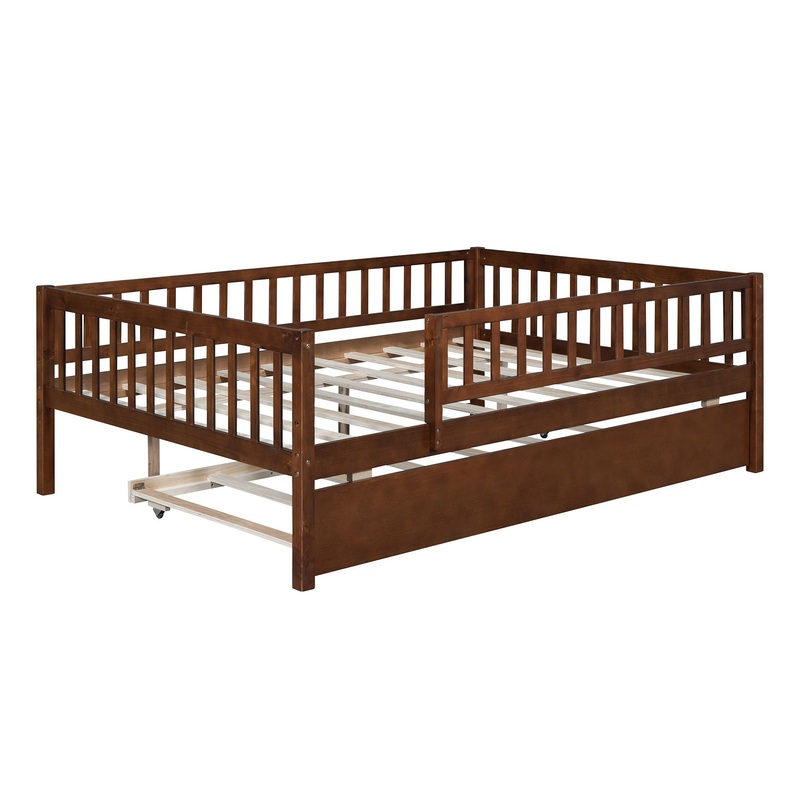 Full Size Daybed With Trundle And Fence Guardrails – Walnut