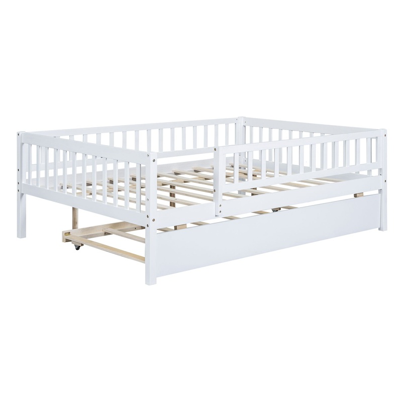 Full Size Daybed With Trundle And Fence Guardrails – White