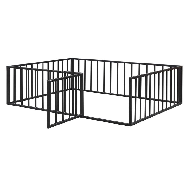 Full Size Floor Bed Frame With Fence And Door – Black