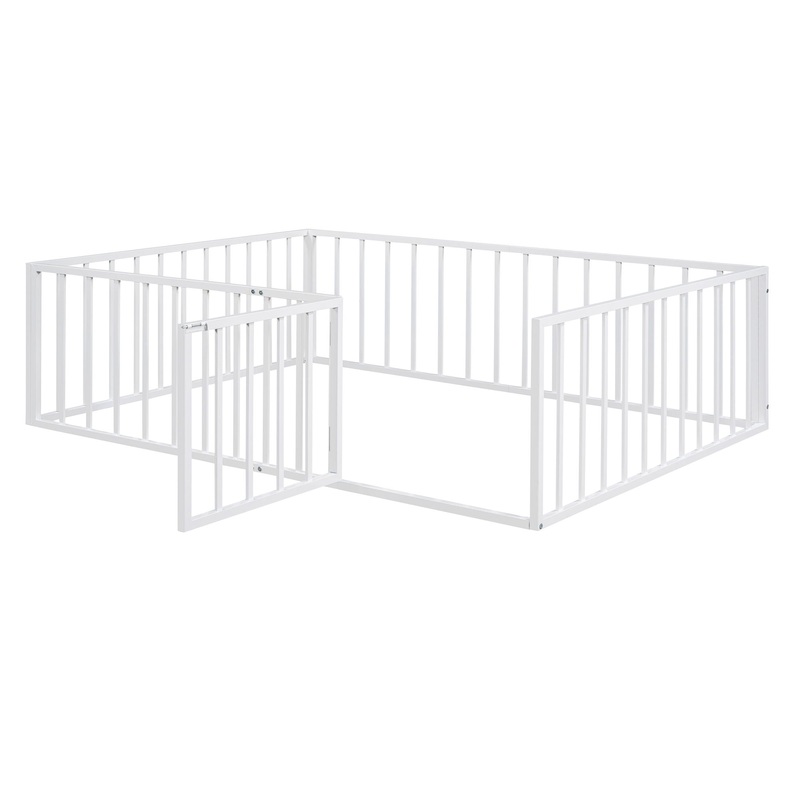 Full Size Floor Bed Frame With Fence And Door – White