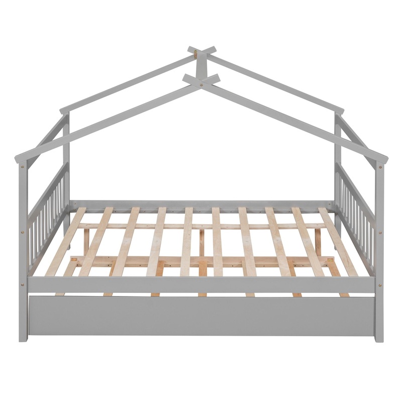 Full Size House Classic Bed With Twin Size Trundle – Gray