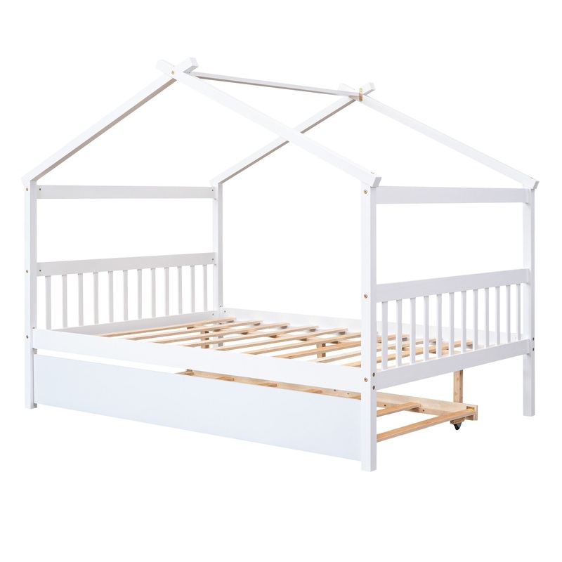 Full Size House Classic Bed With Twin Size Trundle – White