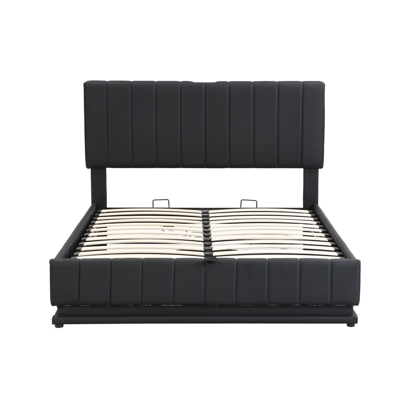Full Size Upholstered Bed With Hydraulic Storage System And LED Light, With Sockets And USB Ports – Black