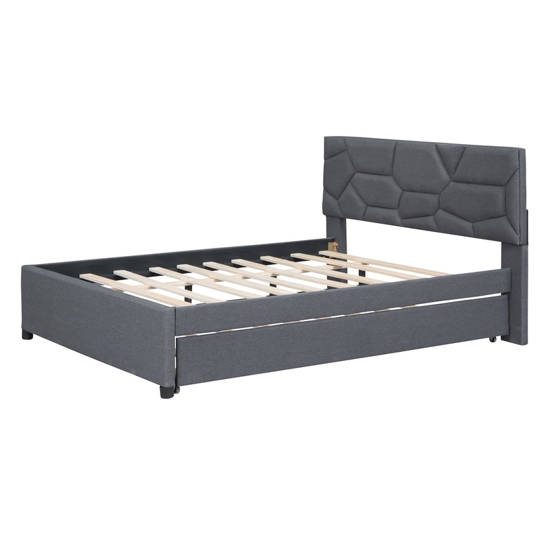 Full Size Upholstered Platform Bed With Brick Pattern Headboard And Twin Size Trundle – Gray