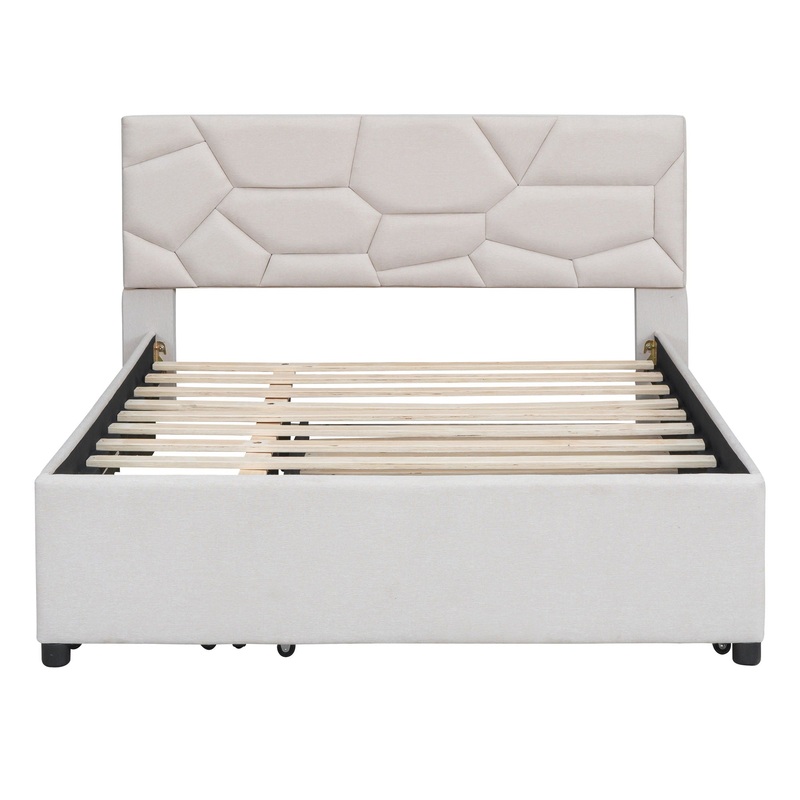 Full Size Upholstered Platform Bed With Brick Pattern Headboard, With Twin Size Trundle And 2 Drawers – Beige