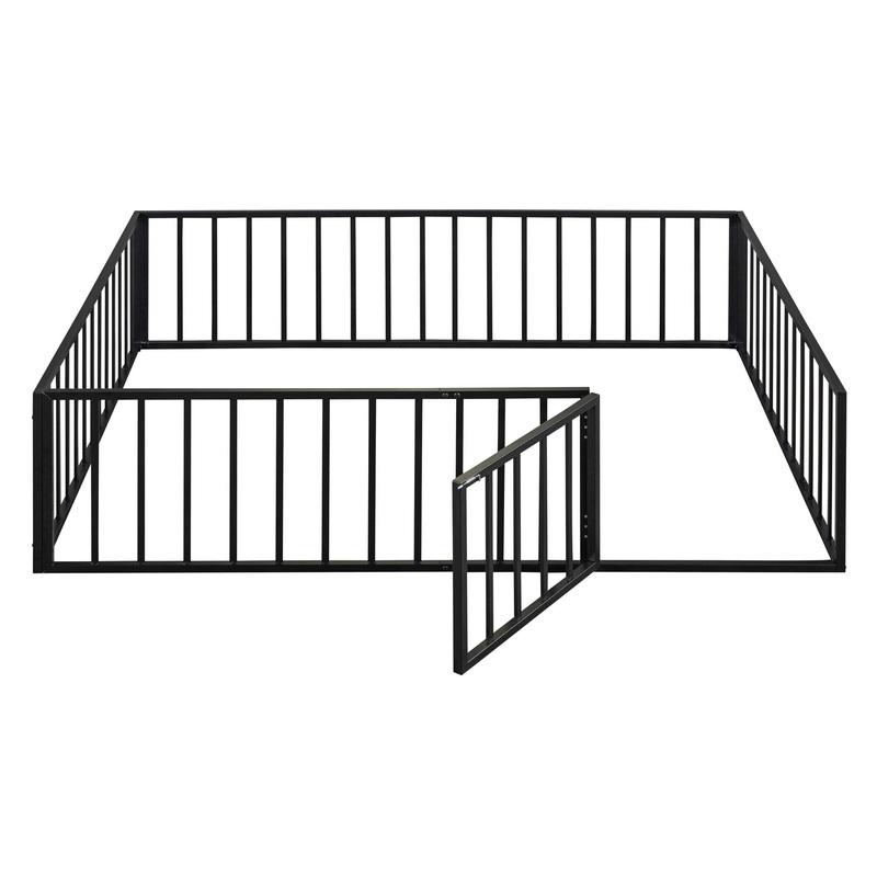 Queen Size Floor Bed Frame With Fence And Door – Black
