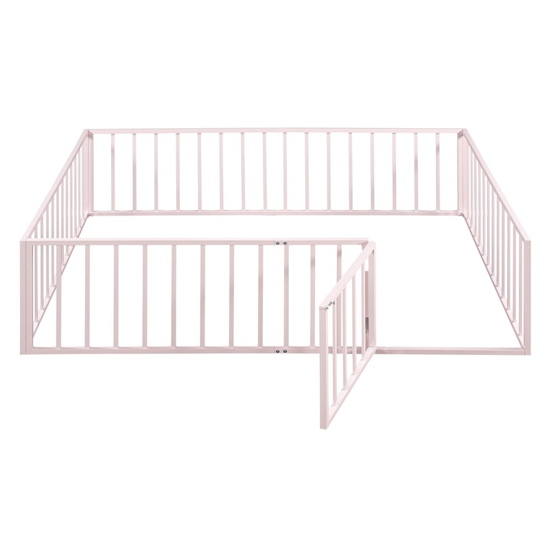 Queen Size Floor Bed Frame With Fence And Door – Pink