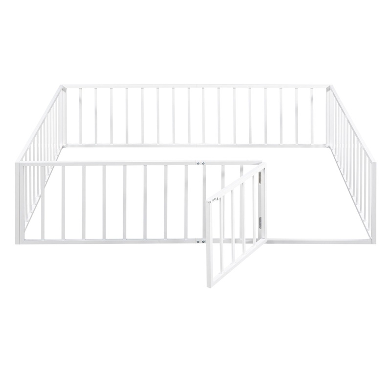 Queen Size Floor Bed Frame With Fence And Door – White