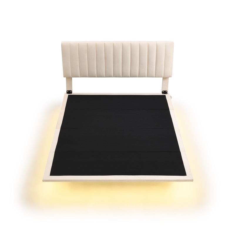 Queen Size Upholstered Bed With Sensor Light And Headboard, Floating Platform Bed – Beige