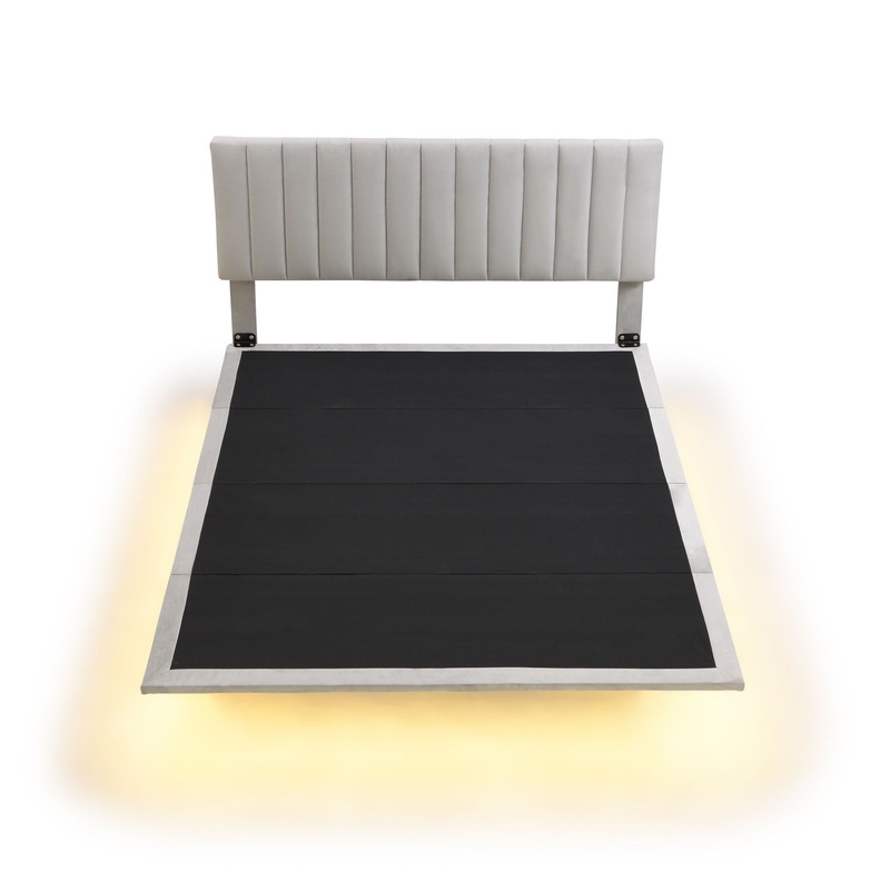 Queen Size Upholstered Bed With Sensor Light And Headboard, Floating Platform Bed – Gray