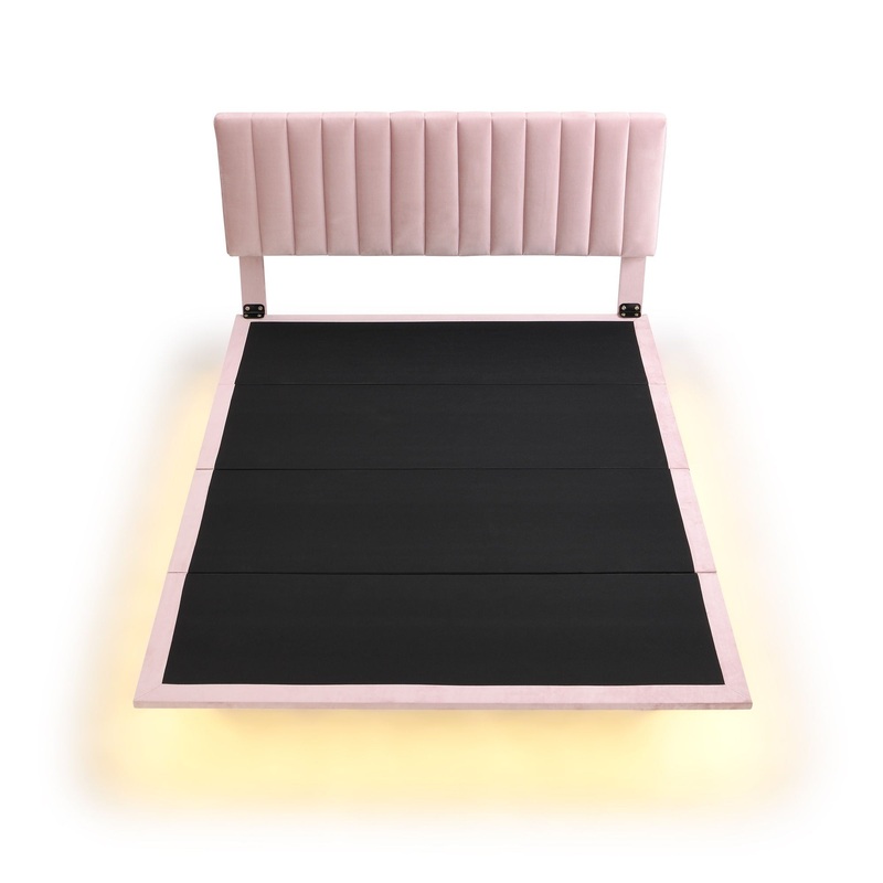 Queen Size Upholstered Bed With Sensor Light And Headboard, Floating Platform Bed – Pink